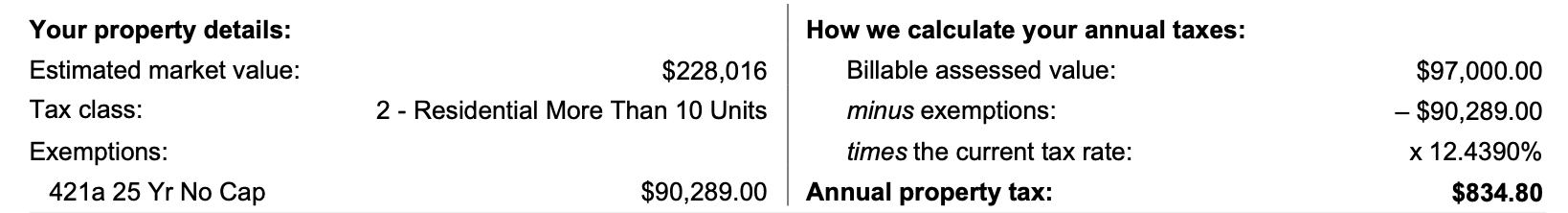 Screenshot of a specific apartment's property tax bill showing the 421a tax abatement and its reduction of the assessed value