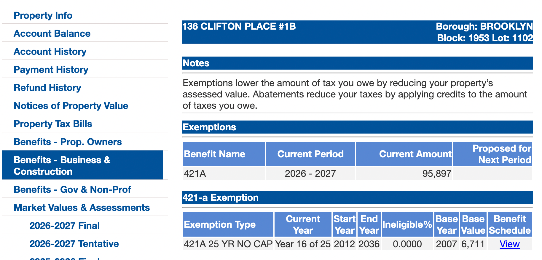 Screenshot of the NYC Department of Finance's website showing 421a tax abatement information for a specific property